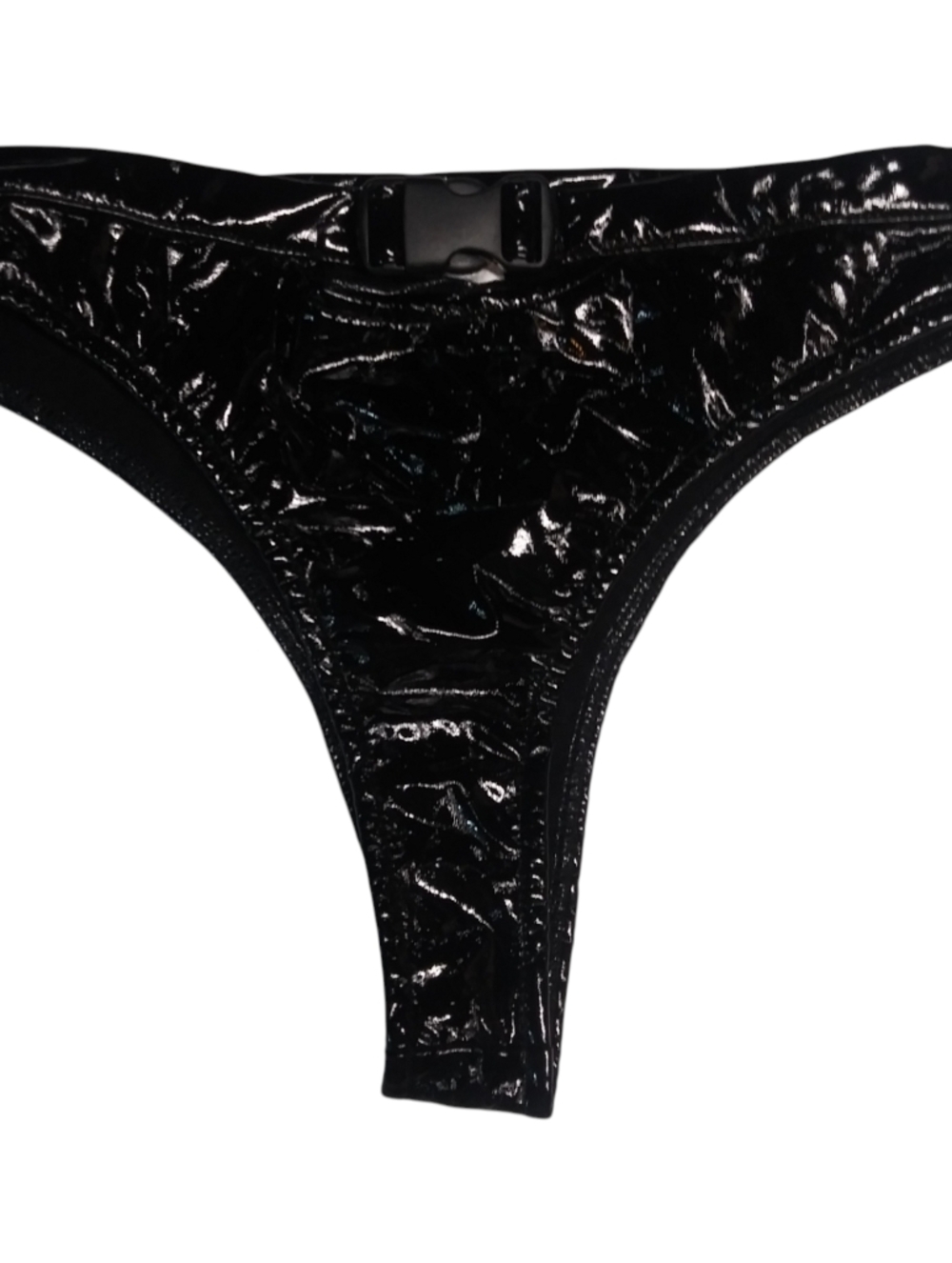 iHeartRaves Shiny Black Patent Thong With Buckle Rave Costume Size L